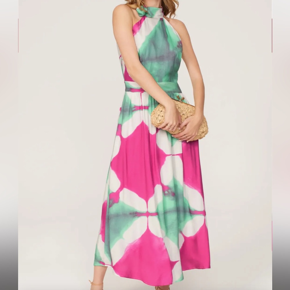 Elegant Pink and Green Halter Maxi Dress